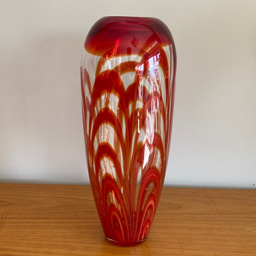 14" Waterford Style Evolution Red/Amber Ginger Feather Swirl Vase